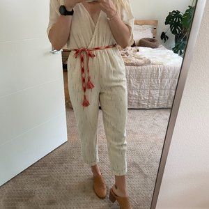Stylish Cream Jumpsuit with Red Accents